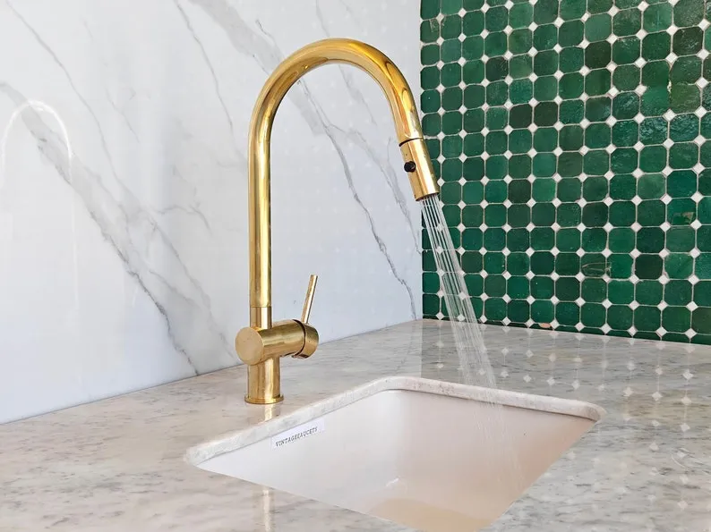 Unlacquered Brass Kitchen Faucet - Pull Down Solid Brass Sink Faucet