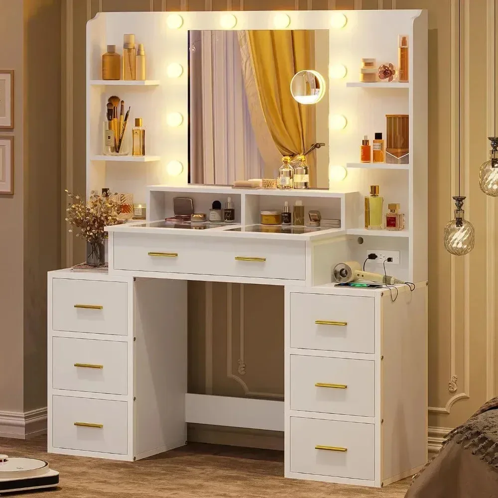 Vanity Desk with glass top with 10x Magnifying Mirror, Lights & Charging Station