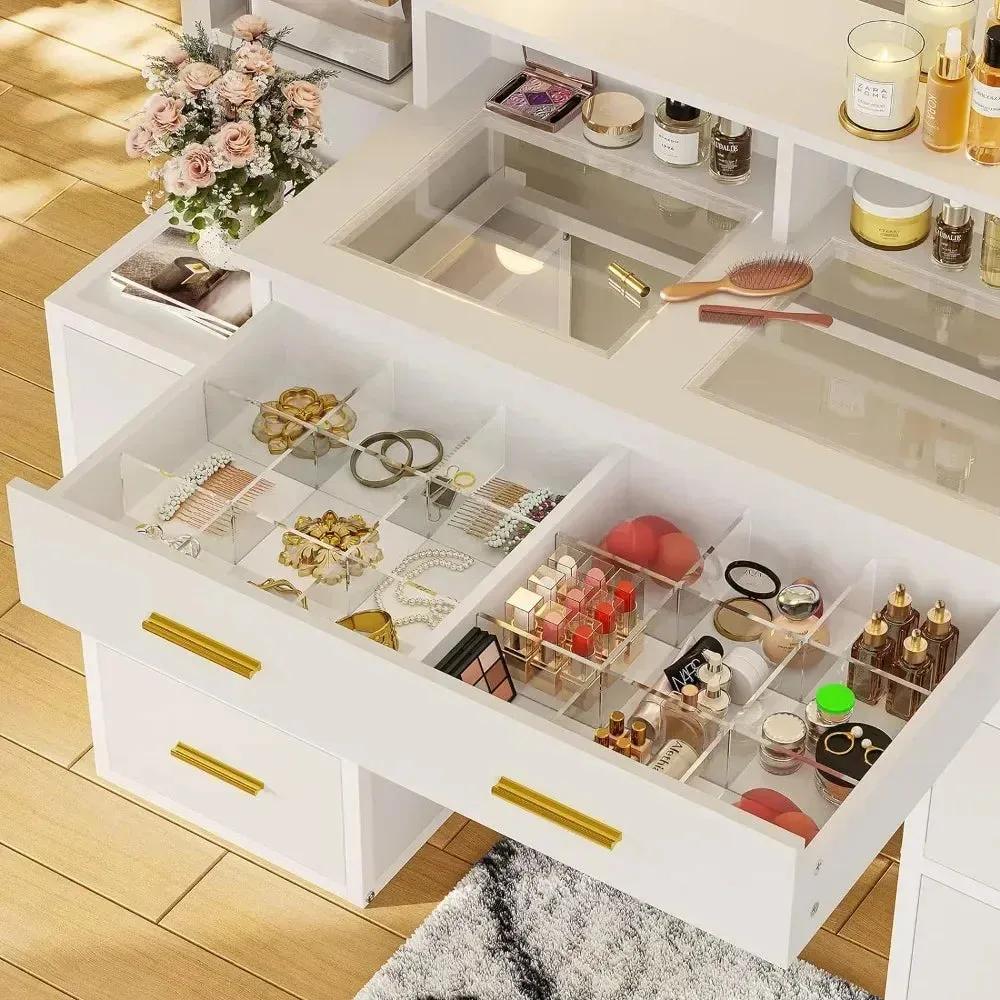 Vanity Desk with glass top with 10x Magnifying Mirror, Lights & Charging Station