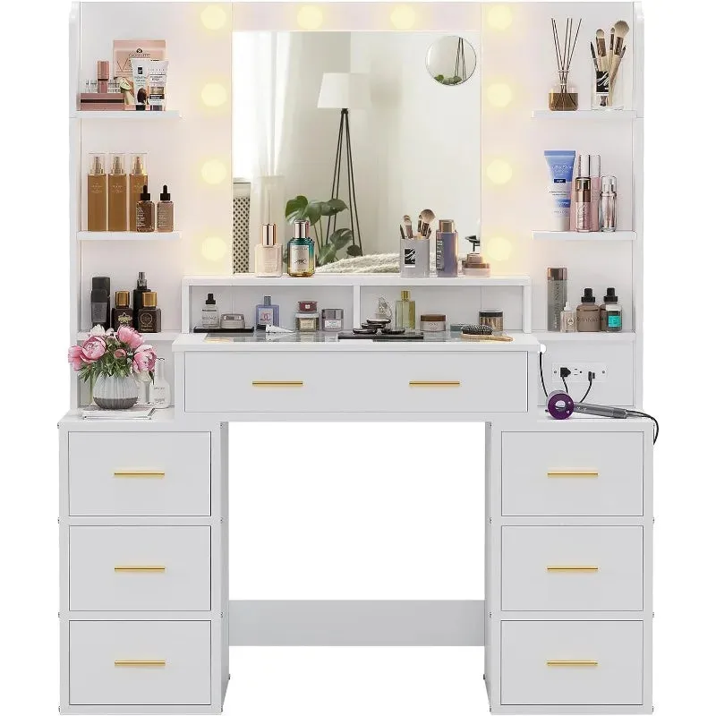 Vanity Desk with glass top with 10x Magnifying Mirror, Lights & Charging Station