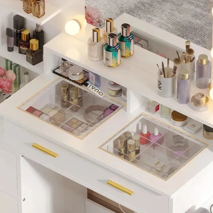 Vanity Desk with glass top with 10x Magnifying Mirror, Lights & Charging Station