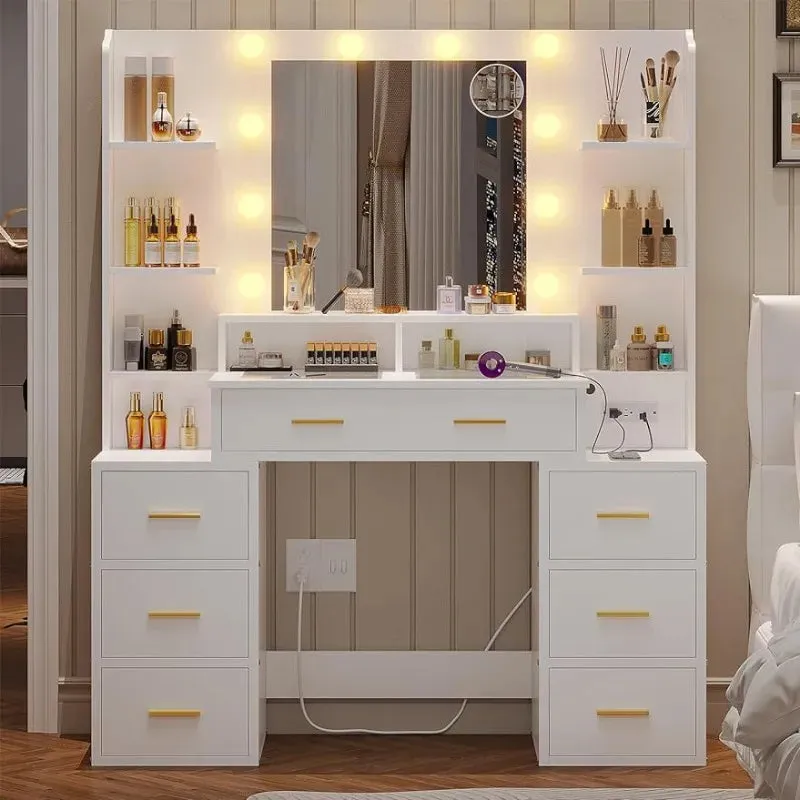 Vanity Desk with glass top with 10x Magnifying Mirror, Lights & Charging Station