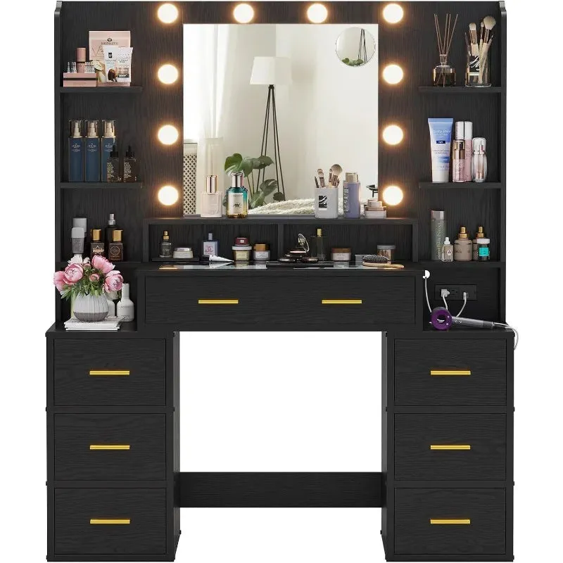 Vanity Desk with glass top with 10x Magnifying Mirror, Lights & Charging Station