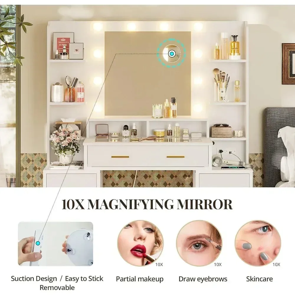 Vanity Desk with glass top with 10x Magnifying Mirror, Lights & Charging Station