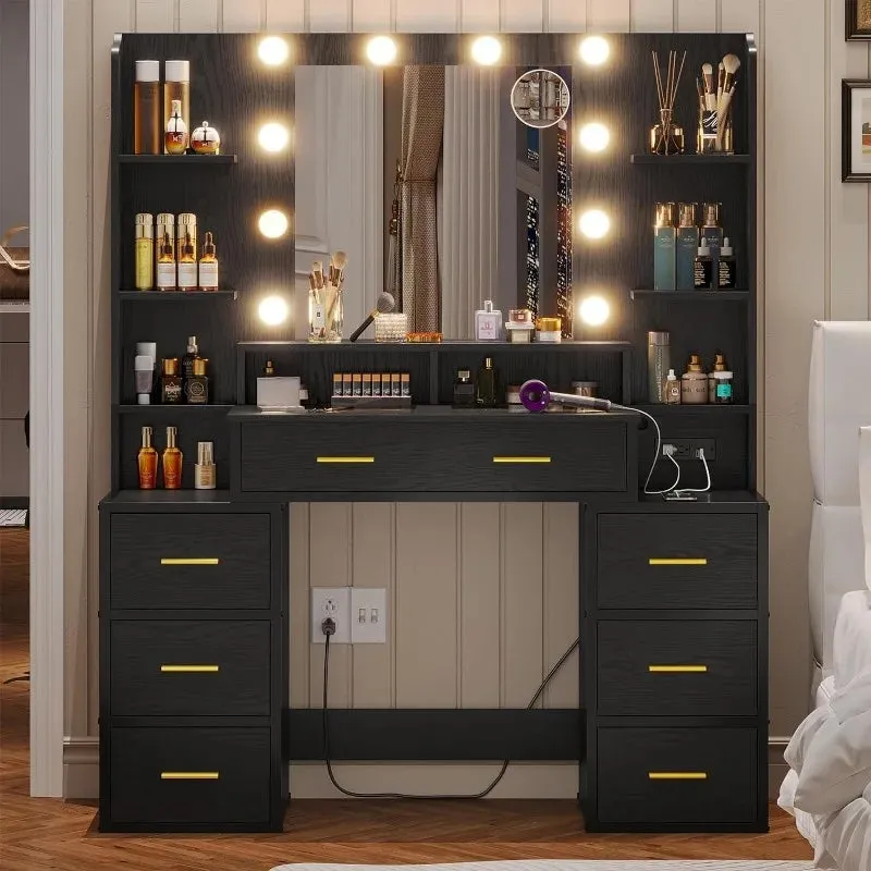 Vanity Desk with glass top with 10x Magnifying Mirror, Lights & Charging Station
