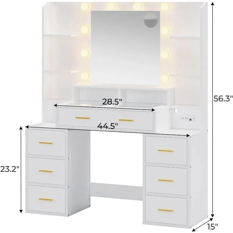Vanity Desk with glass top with 10x Magnifying Mirror, Lights & Charging Station