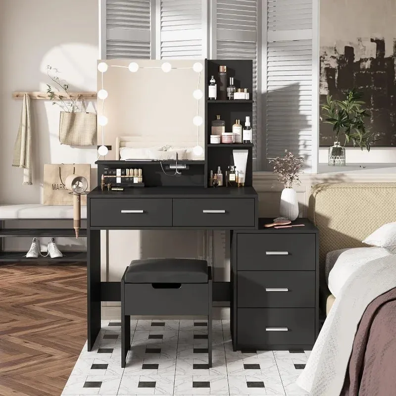 Vanity Desk with Mirror, Lights, and Integrated Nightstand