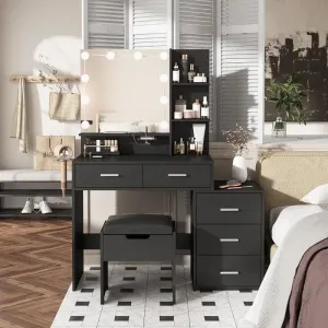 Vanity Desk with Mirror, Lights, and Integrated Nightstand