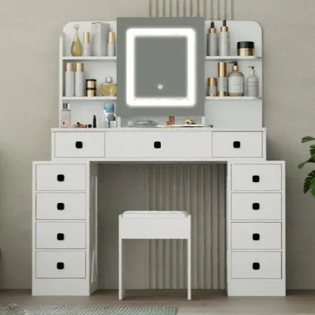 Vanity Desk with Sliding Mirror, LED Lighting, and 11 Drawers