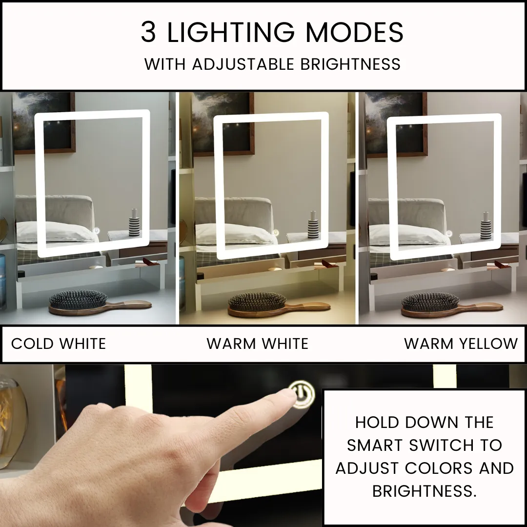 Vanity Desk with Sliding Mirror, LED Lighting, and 11 Drawers