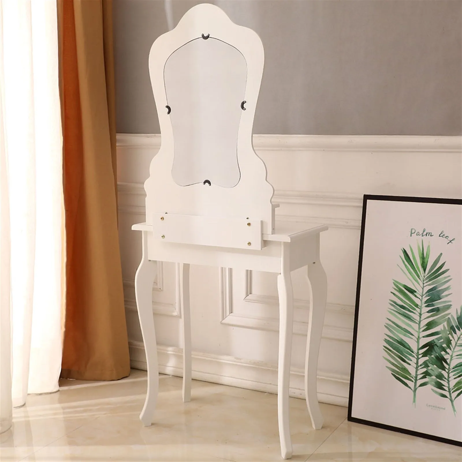 Vanity Set, Makeup Vanity Table with Irregular Single Mirror, 3 Drawers and Cushioned Stool