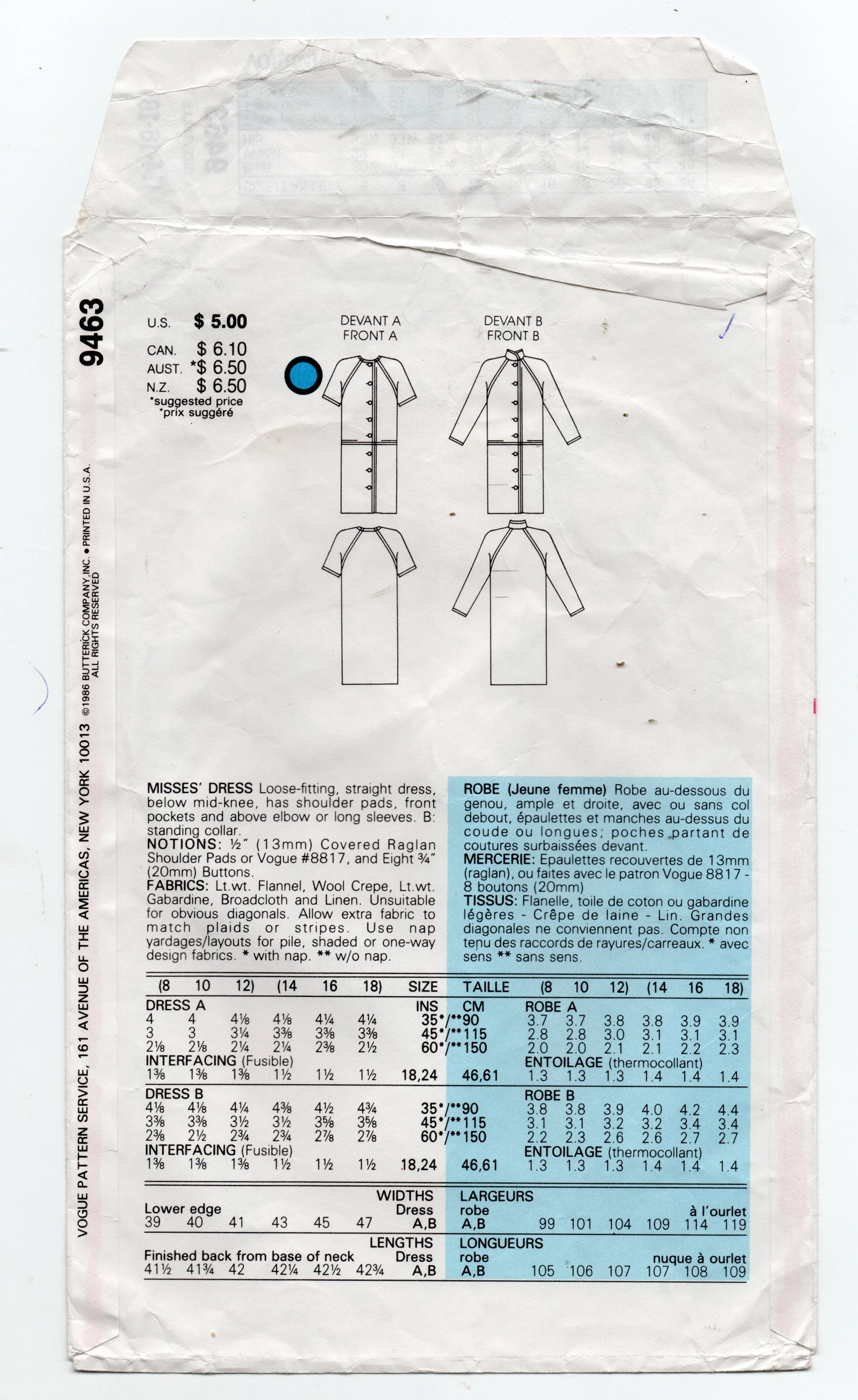 Very Easy Vogue 9463 Womens Raglan Sleeved Button Through Dress 1980s Vintage Sewing Pattern Size 14 & 16
