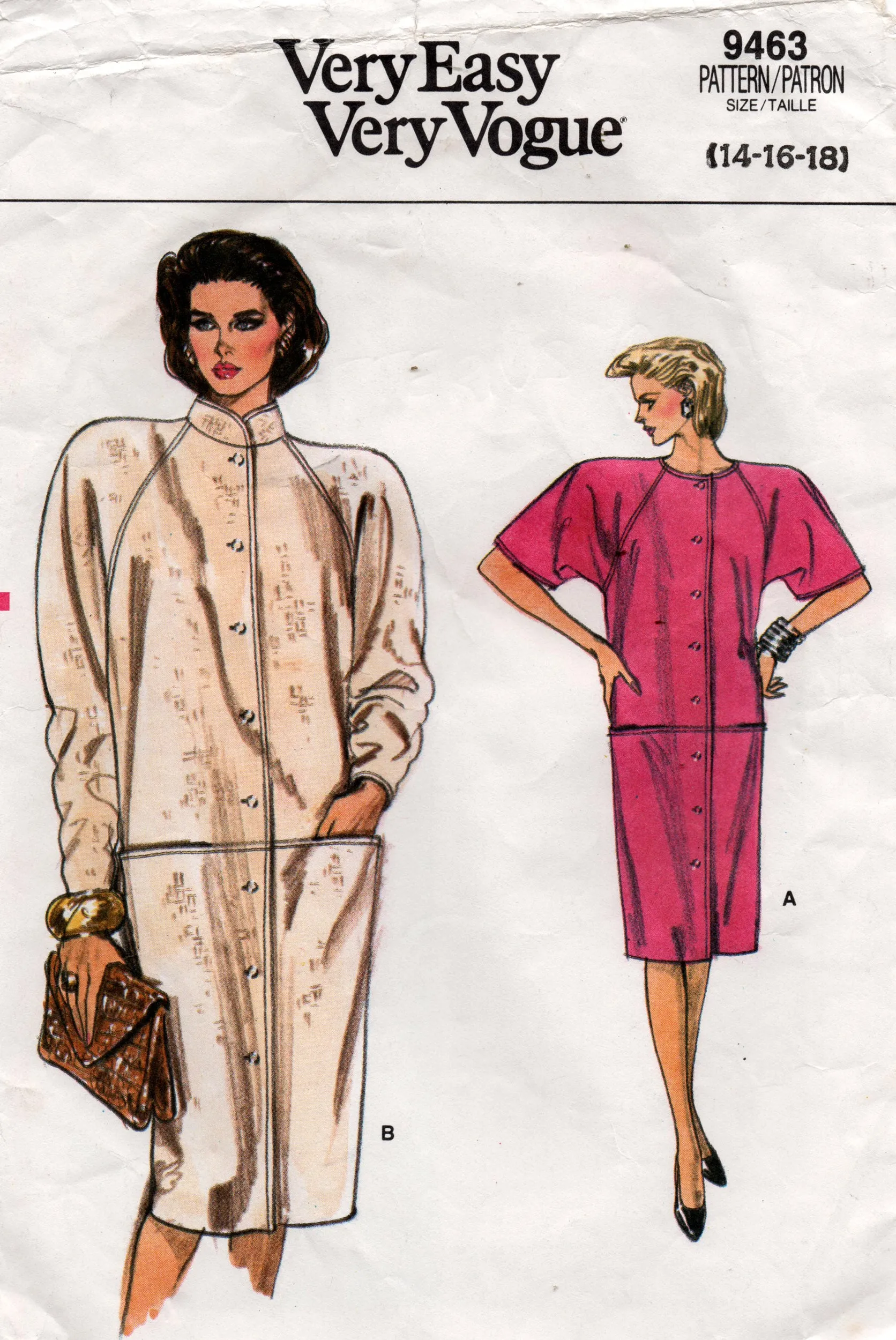 Very Easy Vogue 9463 Womens Raglan Sleeved Button Through Dress 1980s Vintage Sewing Pattern Size 14 & 16