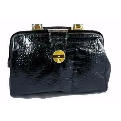 Vintage Black Faux Croc Satchel  Purse Amelia Berko 1970S X large