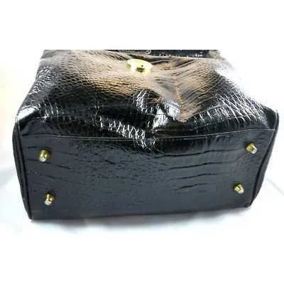 Vintage Black Faux Croc Satchel  Purse Amelia Berko 1970S X large