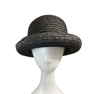 Vintage Black Woven Straw Hat With Rolled Brim