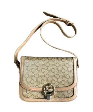 Vintage Celine beige macadam and blason pattern classic shoulder bag with golden logo motifs. Diffusion line. 050316r3