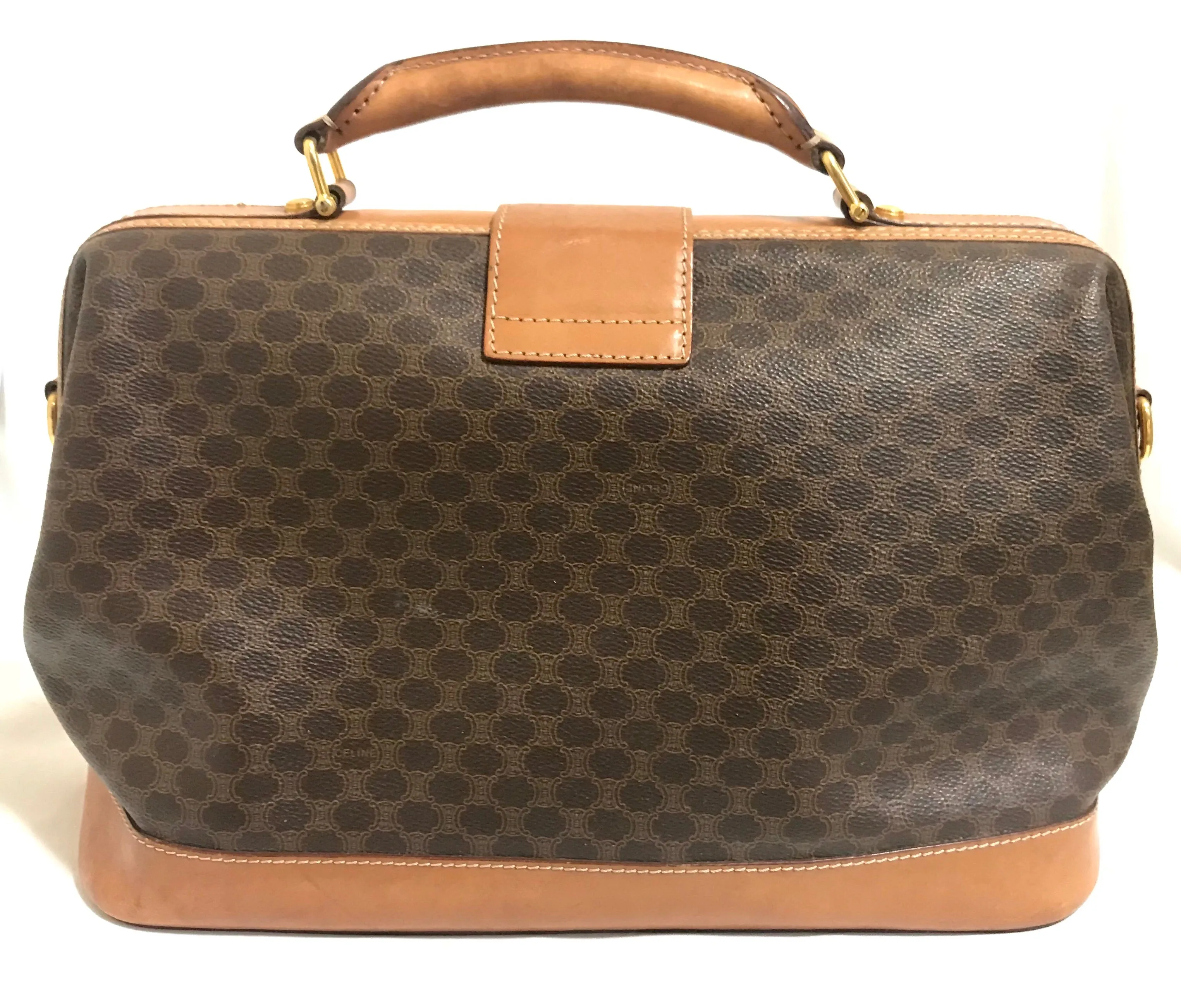 Vintage Celine brown macadam blaison doctor bag with tanned brown leather trimming. Classic unisex use bag. riri zipper