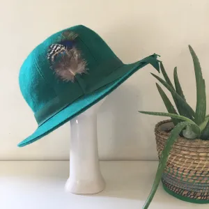 Vintage Emerald Green Wool Hat with Ribbon Hatband and Feathers