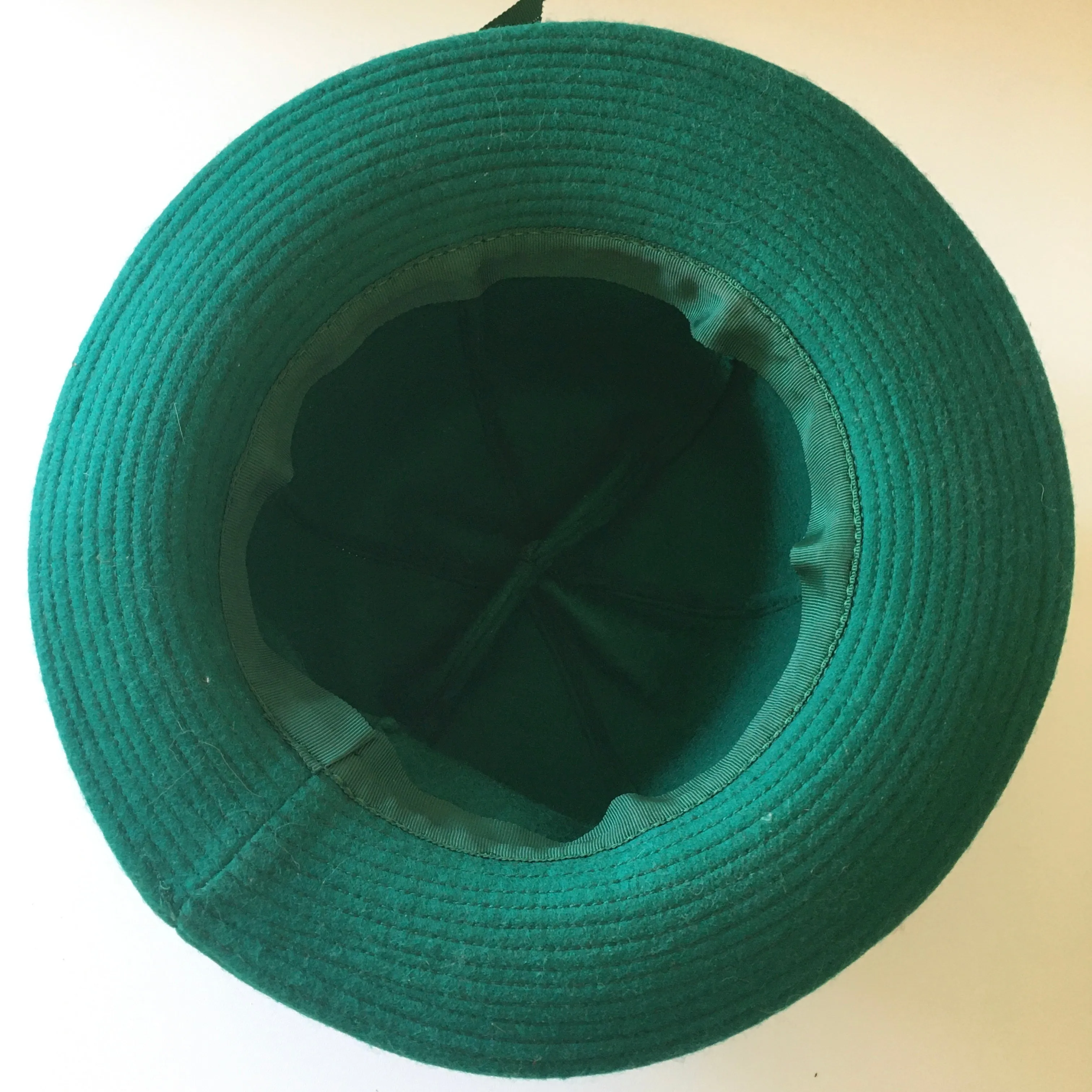 Vintage Emerald Green Wool Hat with Ribbon Hatband and Feathers