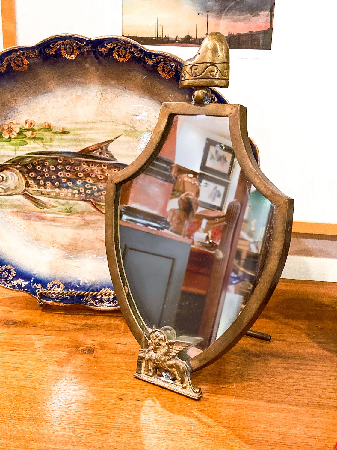 Vintage Italian Brass Venetian Doge Cap St Mark Lion Shield Table Top Mirror
