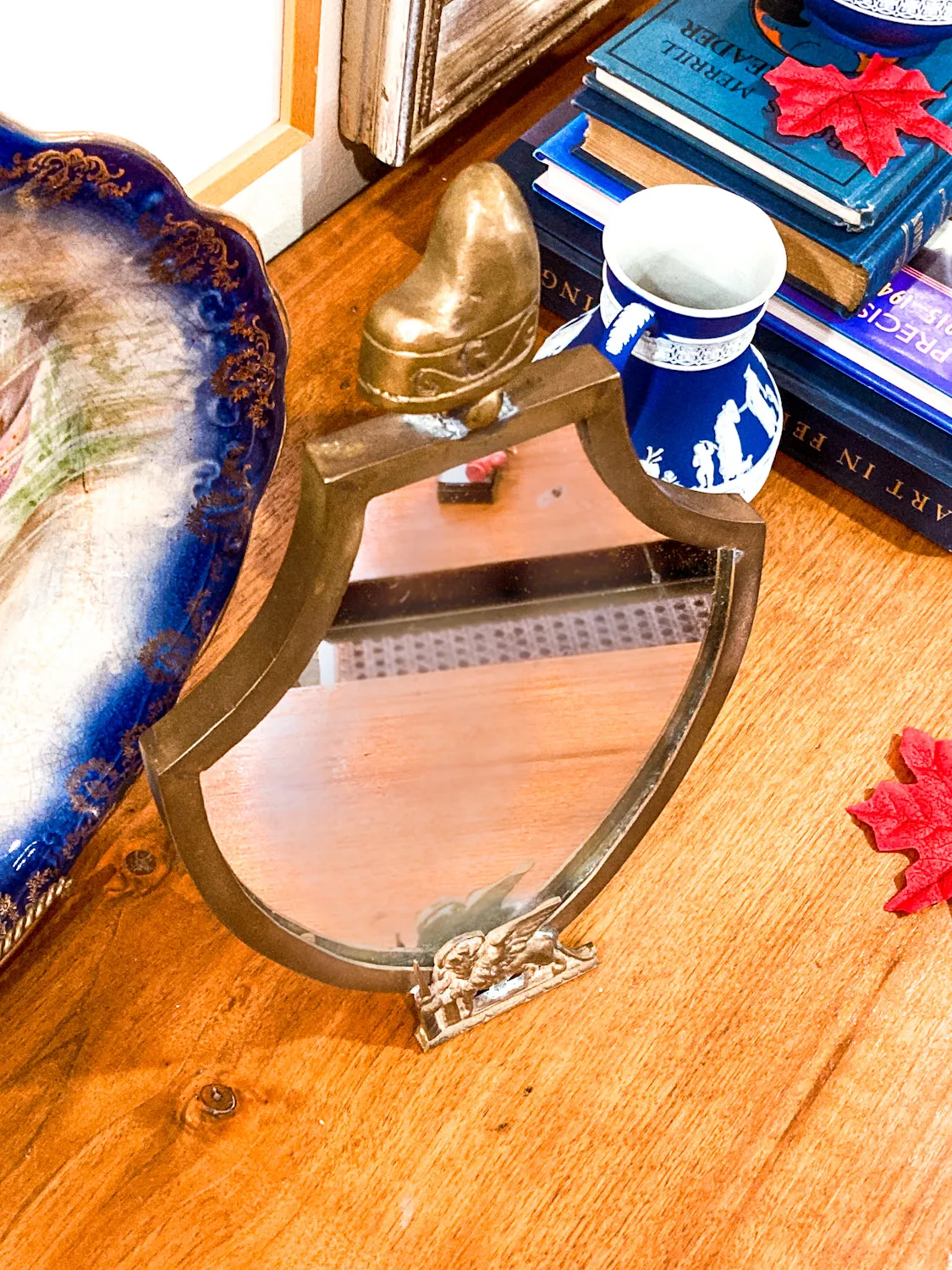Vintage Italian Brass Venetian Doge Cap St Mark Lion Shield Table Top Mirror