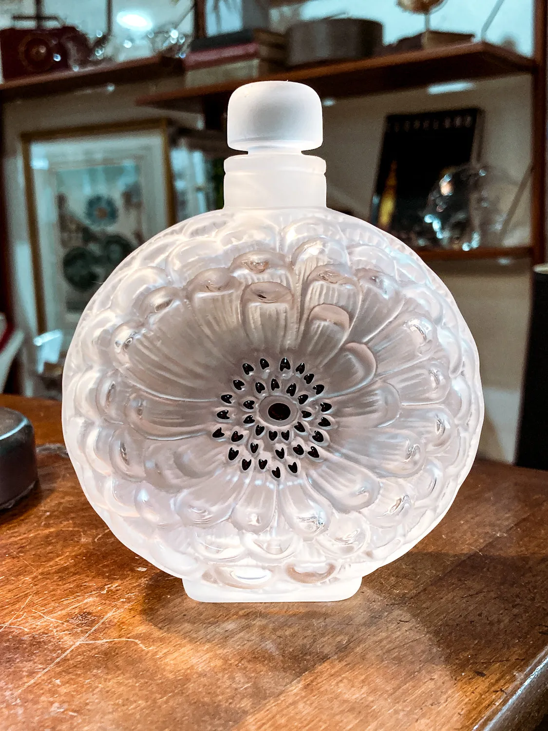 Vintage Large Lalique Dahlia Flower Frosted Crystal Scent Perfume Bottle