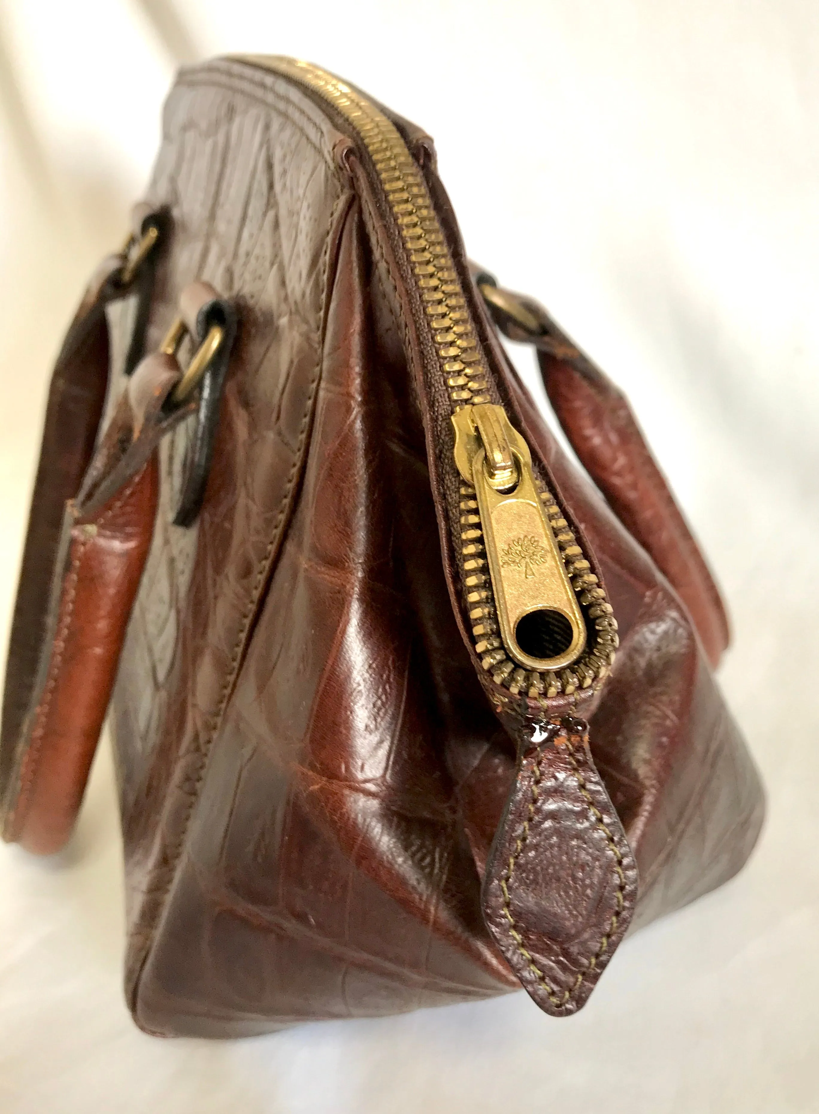 Vintage Mulberry croc embossed leather birkin mini doctor's bag style handbag. Classic masterpiece back in the old era of Roger Saul. 061022