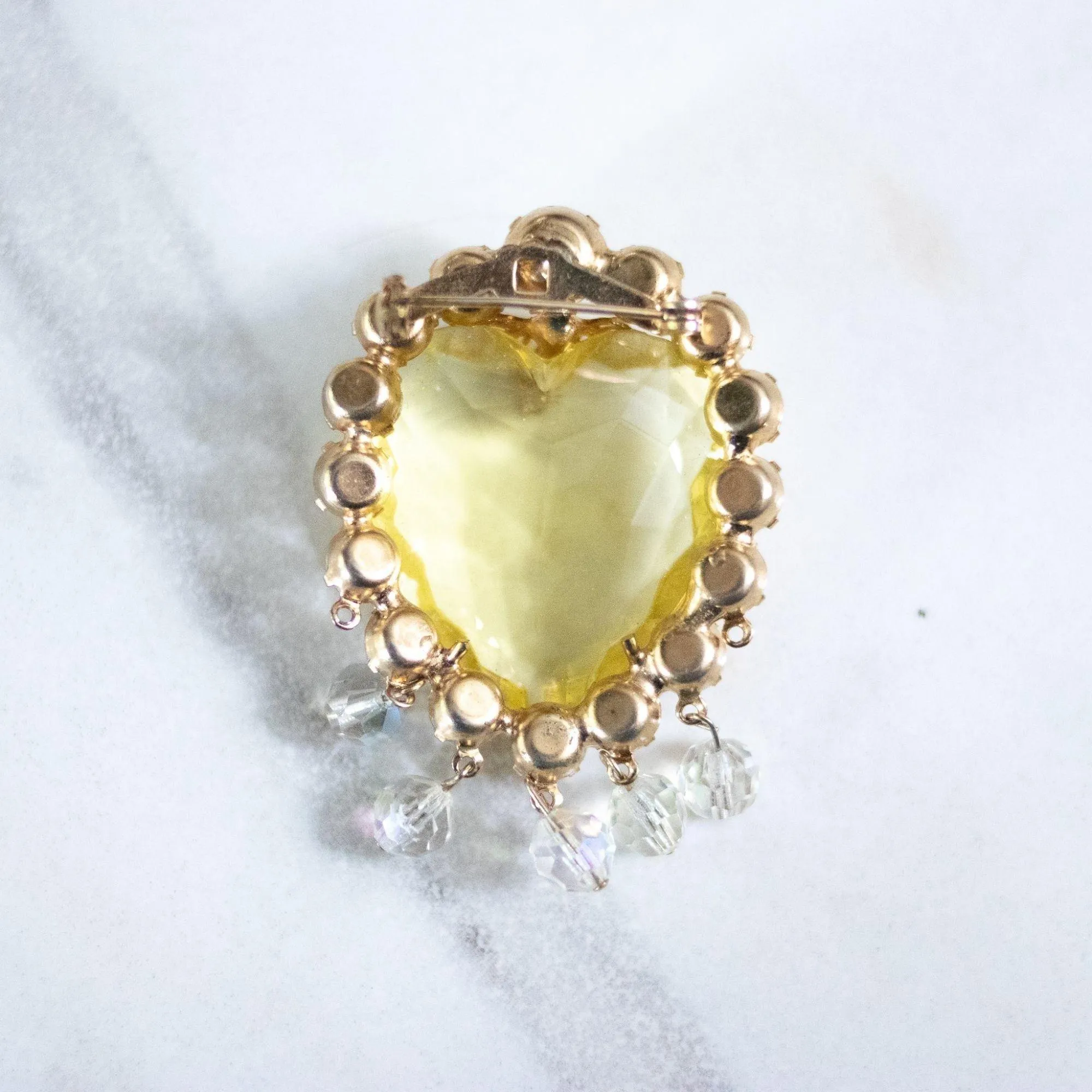 Vintage Yellow Crystal Heat Brooch with Cha Cha Aurora Borealis Crystal Beads