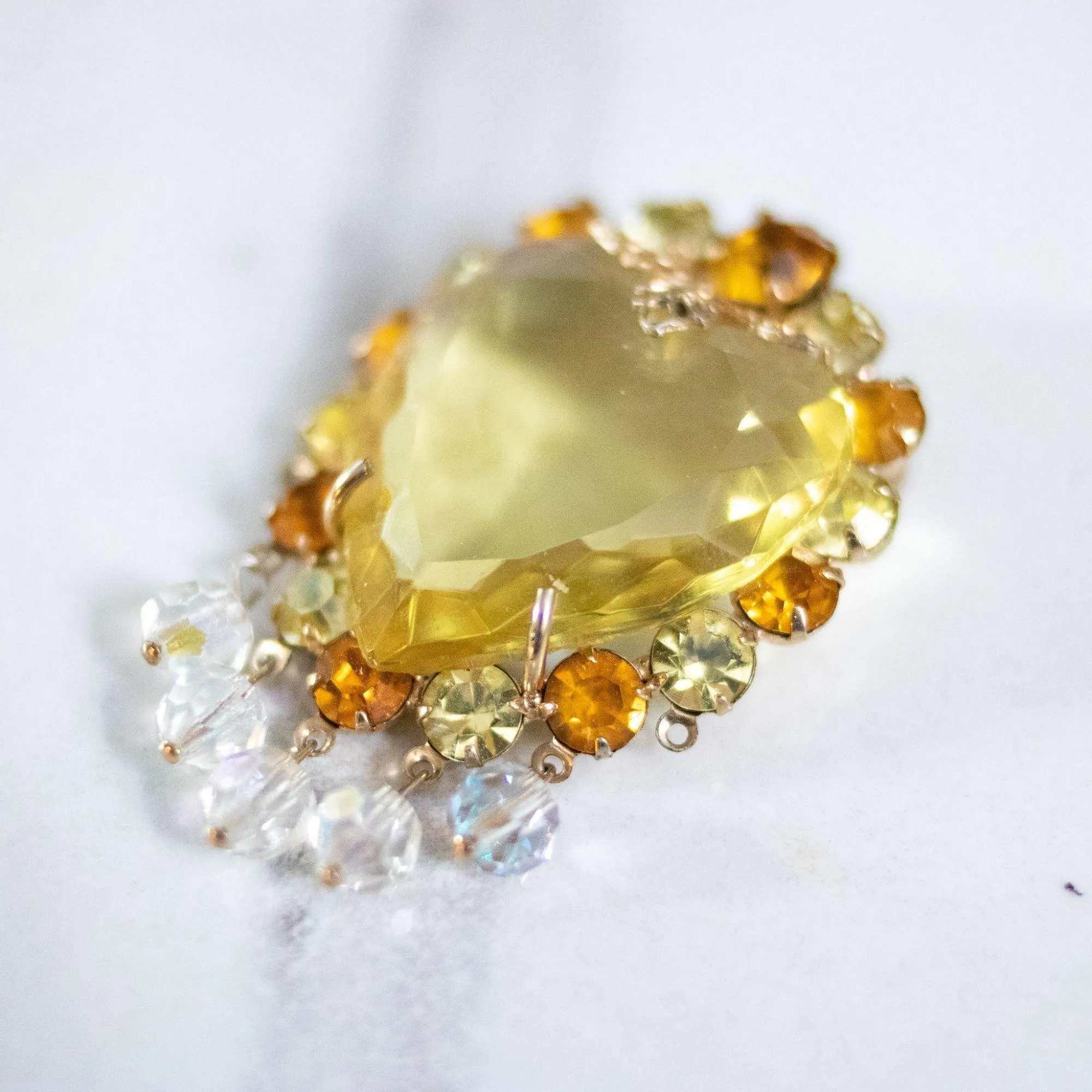 Vintage Yellow Crystal Heat Brooch with Cha Cha Aurora Borealis Crystal Beads