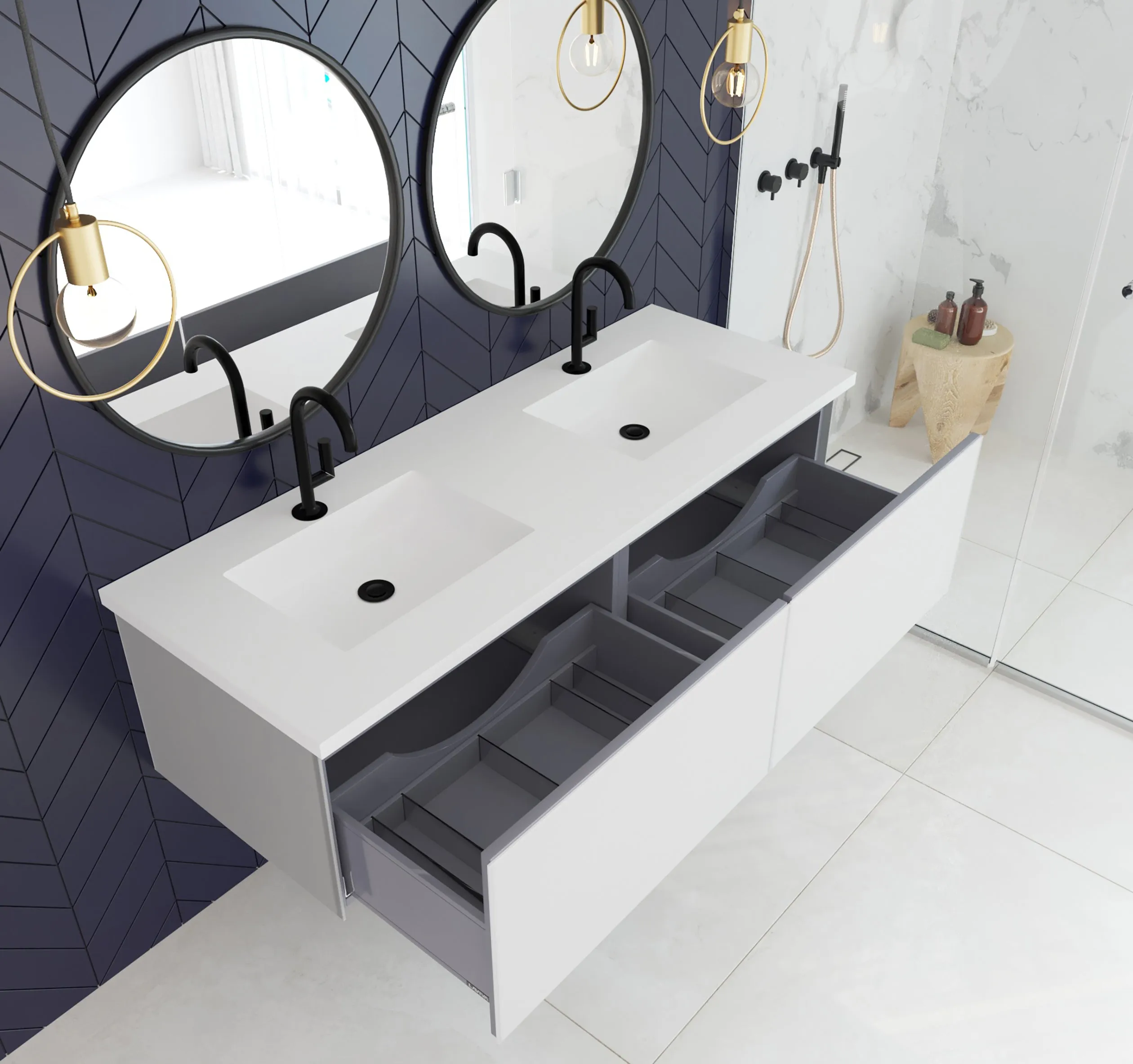 Vitri 60" Cloud White Double Sink Bathroom Vanity with VIVA Stone Solid Surface Countertop