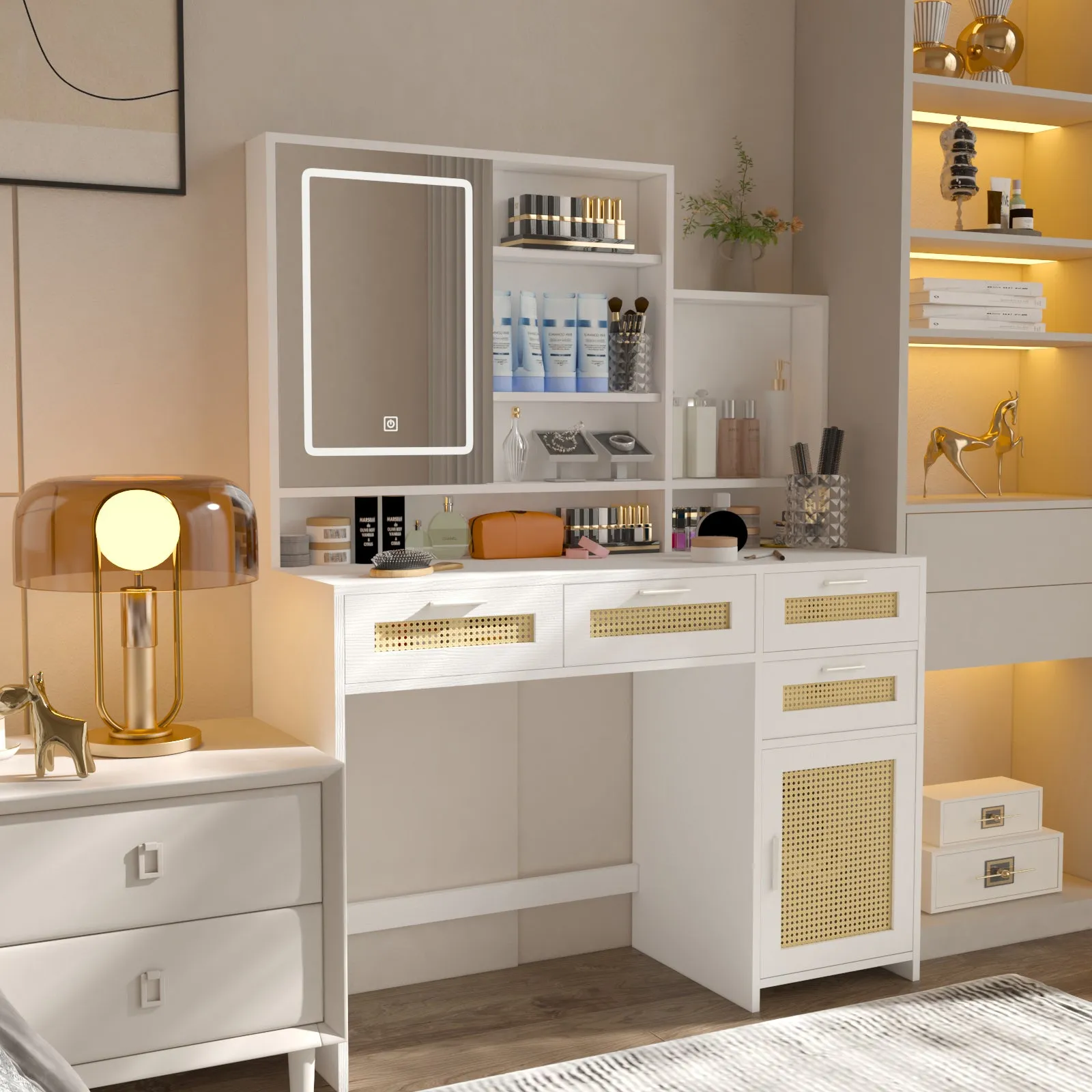 White Vanity Desk with LED Mirror, Storage, and Charging Station