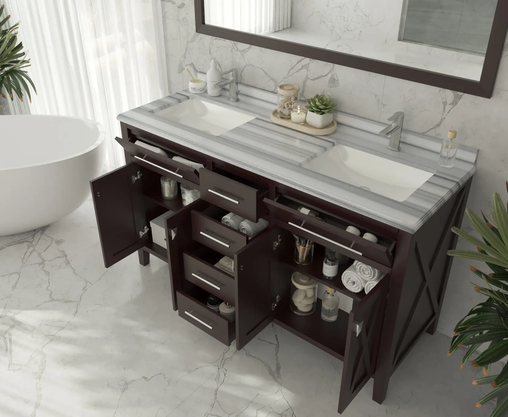 Wimbledon 60" Brown Double Sink Bathroom Vanity with Countertop