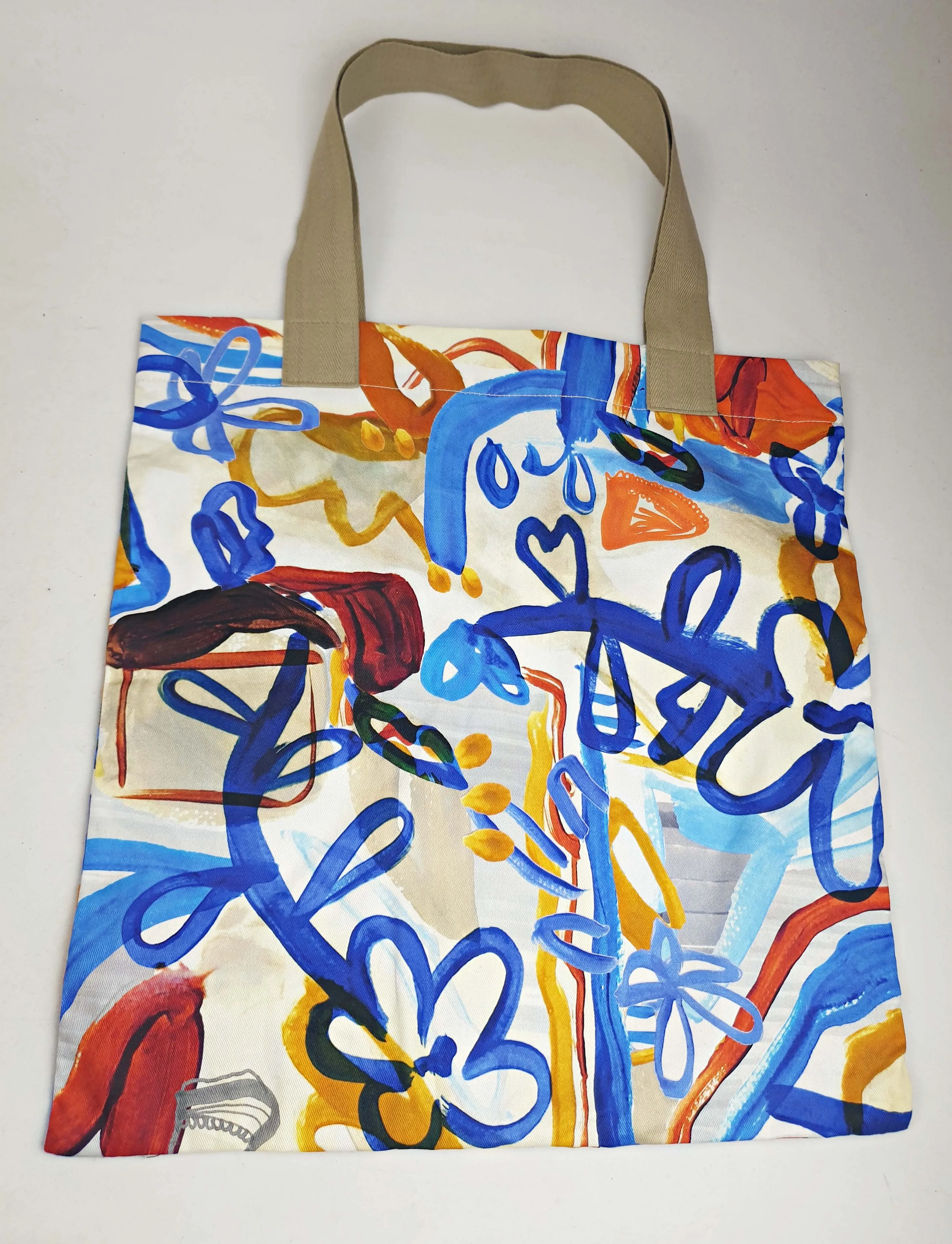 Wolf & Mishka blue floral tote bag with grey straps