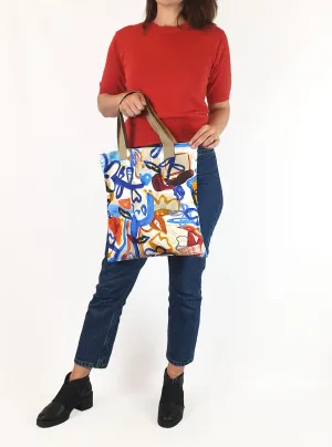 Wolf & Mishka blue floral tote bag with grey straps