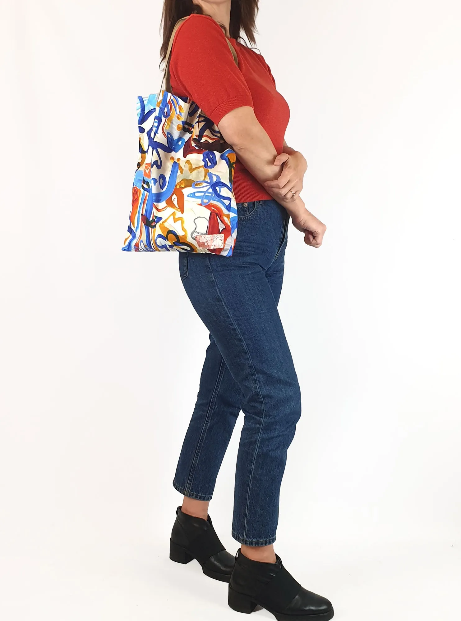 Wolf & Mishka blue floral tote bag with grey straps