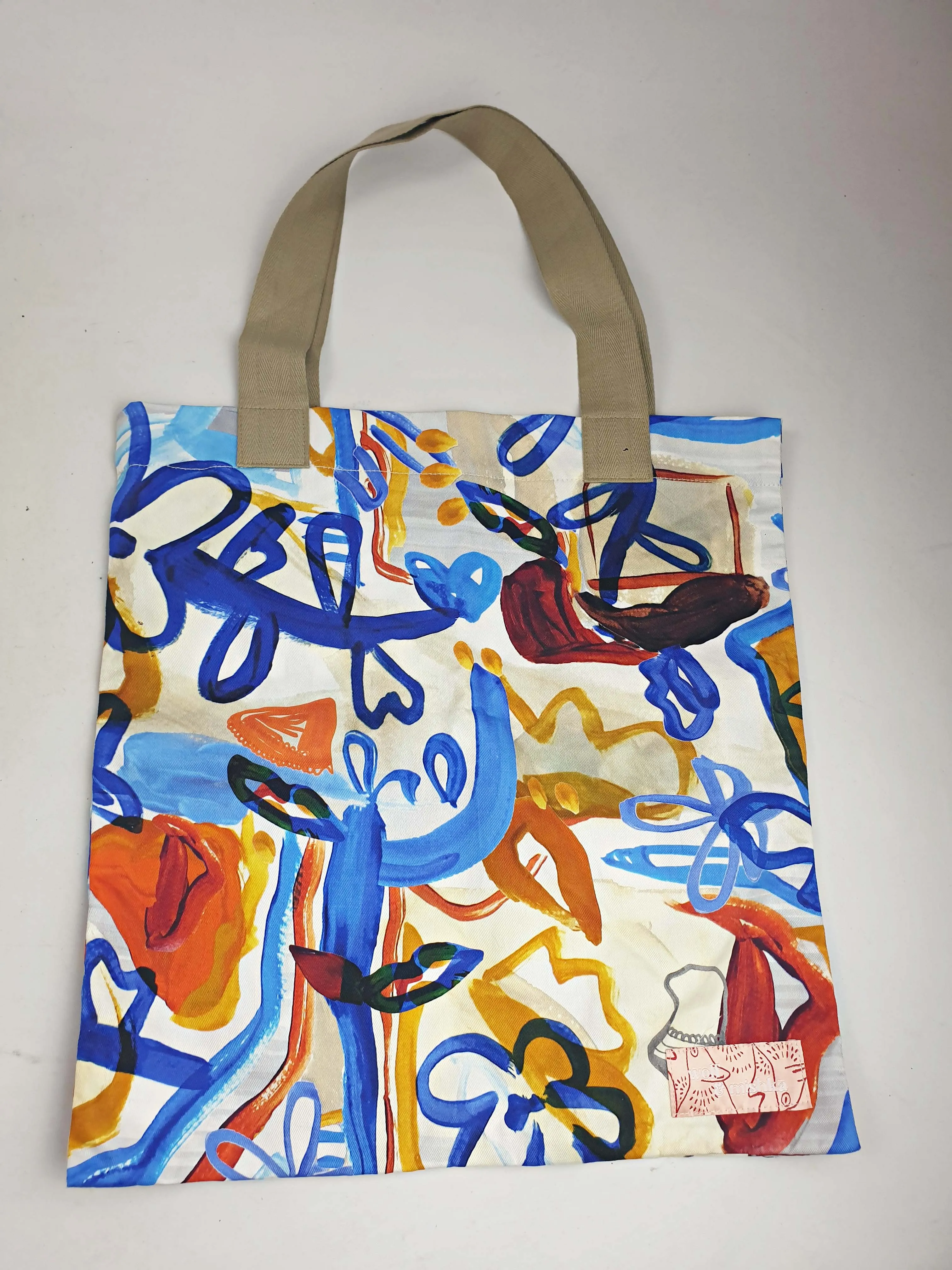 Wolf & Mishka blue floral tote bag with grey straps