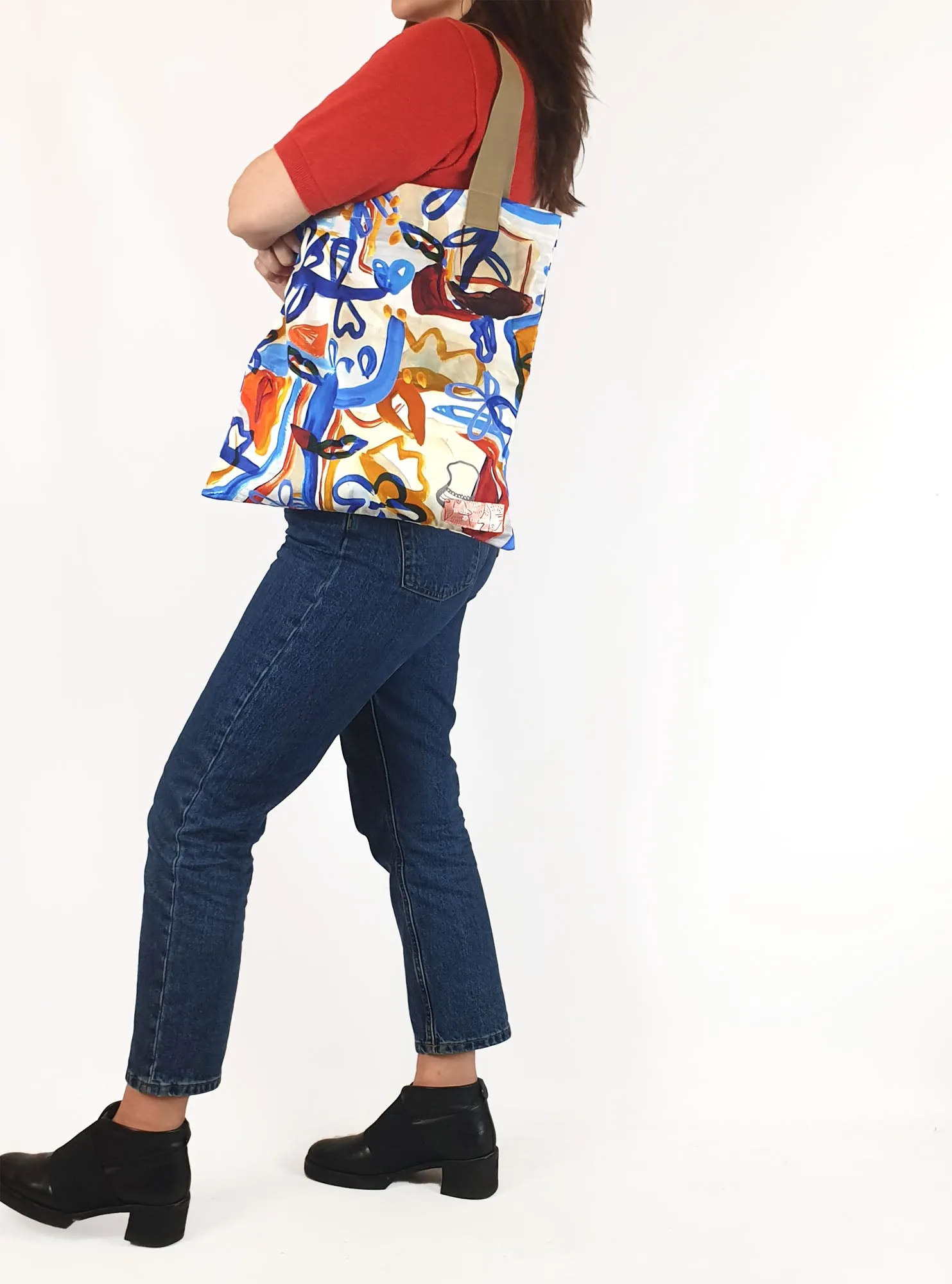 Wolf & Mishka blue floral tote bag with grey straps