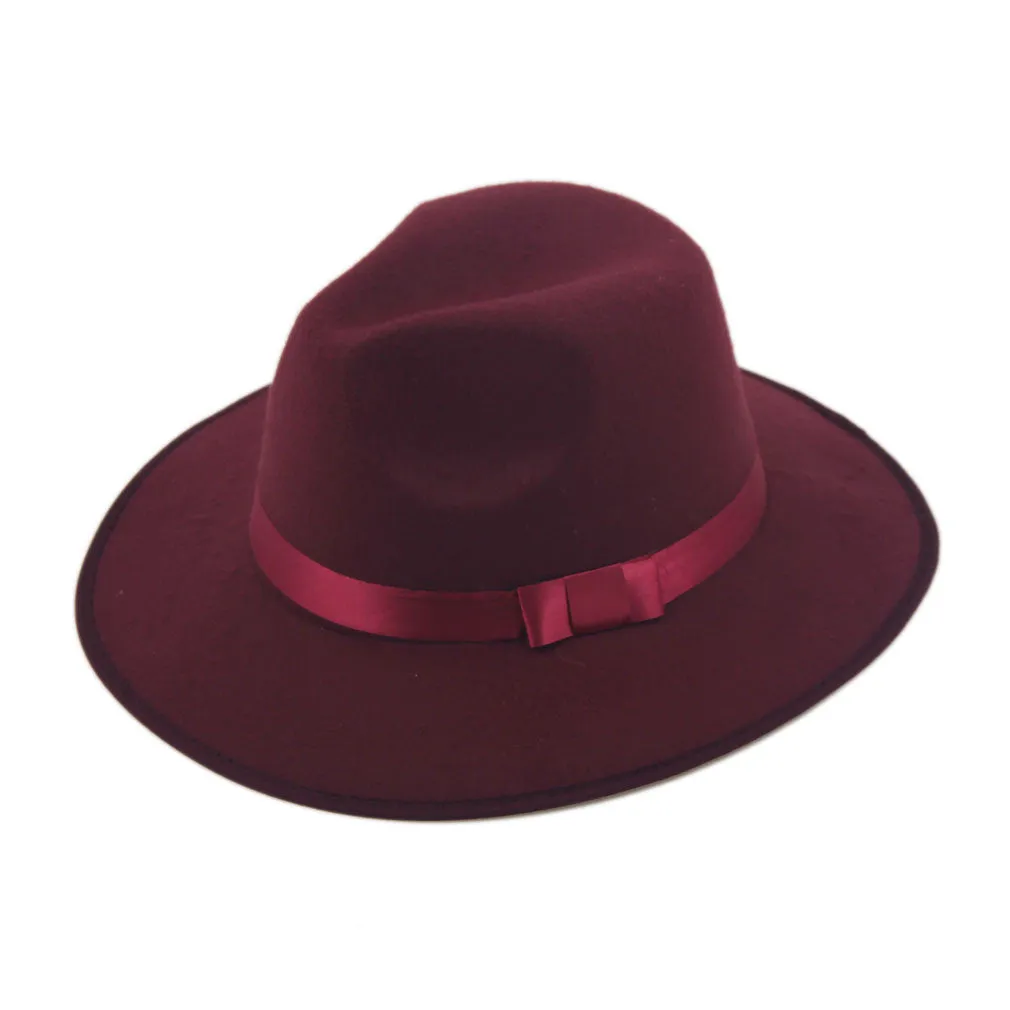 Women Men Jazz Hard Felt Bowknot Fedora Panama Bowler Wide Brim Hat Gangster Cap