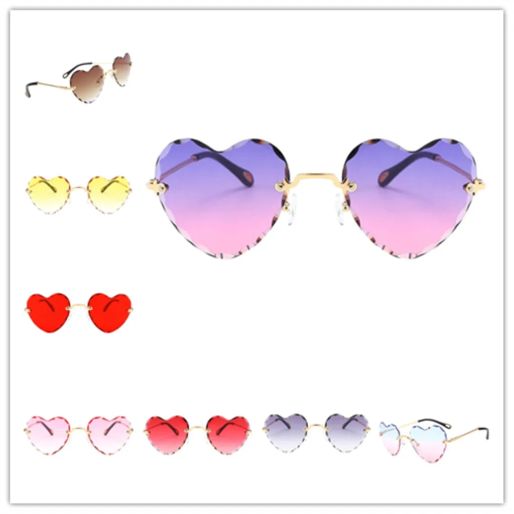 Women Stylish Heart Shaped Rimless Sunglasses Thin Metal Frame UV Protection Sun Glasses for for Beach Vacation Festival Fishing