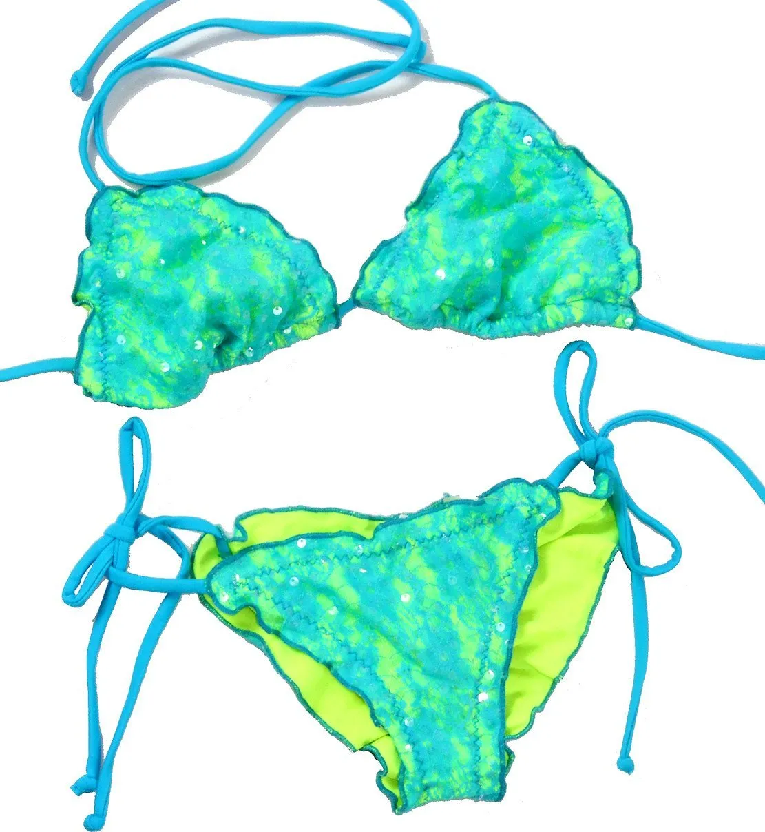 Women's Bathing Suit Neon Lace Scrunch Back Two Piece Tie Side Swimsuit Set