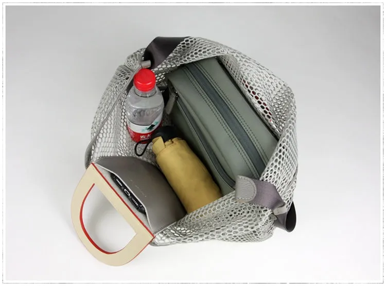 Womens Light Gray Net Polyester Leather Tote Handbag Purse Polyester Tote Shoulder Bag Purse for Ladies