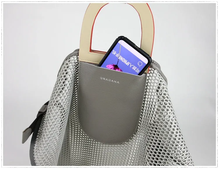 Womens Light Gray Net Polyester Leather Tote Handbag Purse Polyester Tote Shoulder Bag Purse for Ladies
