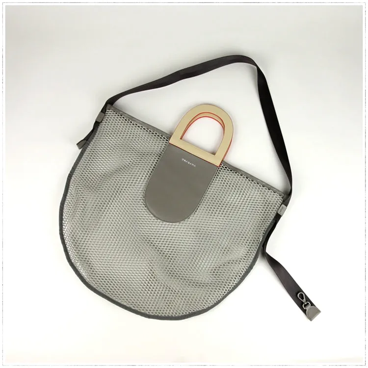 Womens Light Gray Net Polyester Leather Tote Handbag Purse Polyester Tote Shoulder Bag Purse for Ladies