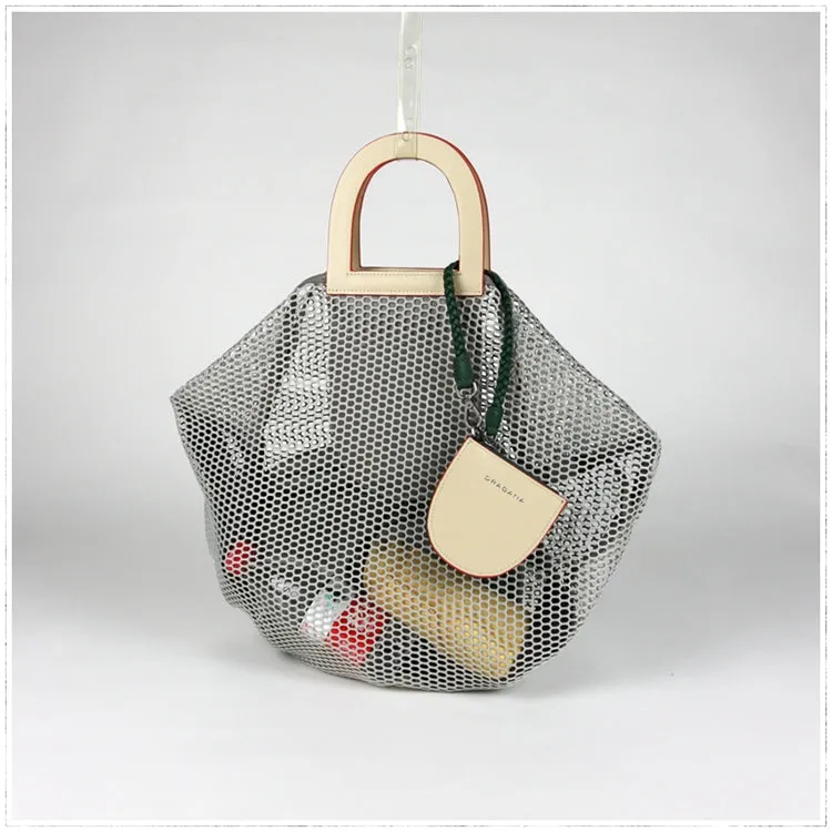 Womens Light Gray Net Polyester Leather Tote Handbag Purse Polyester Tote Shoulder Bag Purse for Ladies