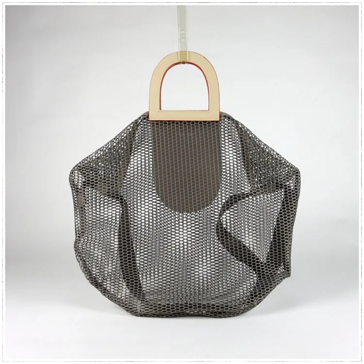 Womens Light Gray Net Polyester Leather Tote Handbag Purse Polyester Tote Shoulder Bag Purse for Ladies
