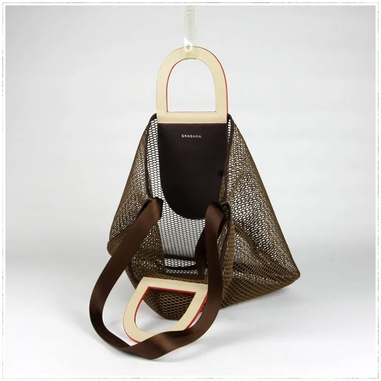 Womens Light Gray Net Polyester Leather Tote Handbag Purse Polyester Tote Shoulder Bag Purse for Ladies